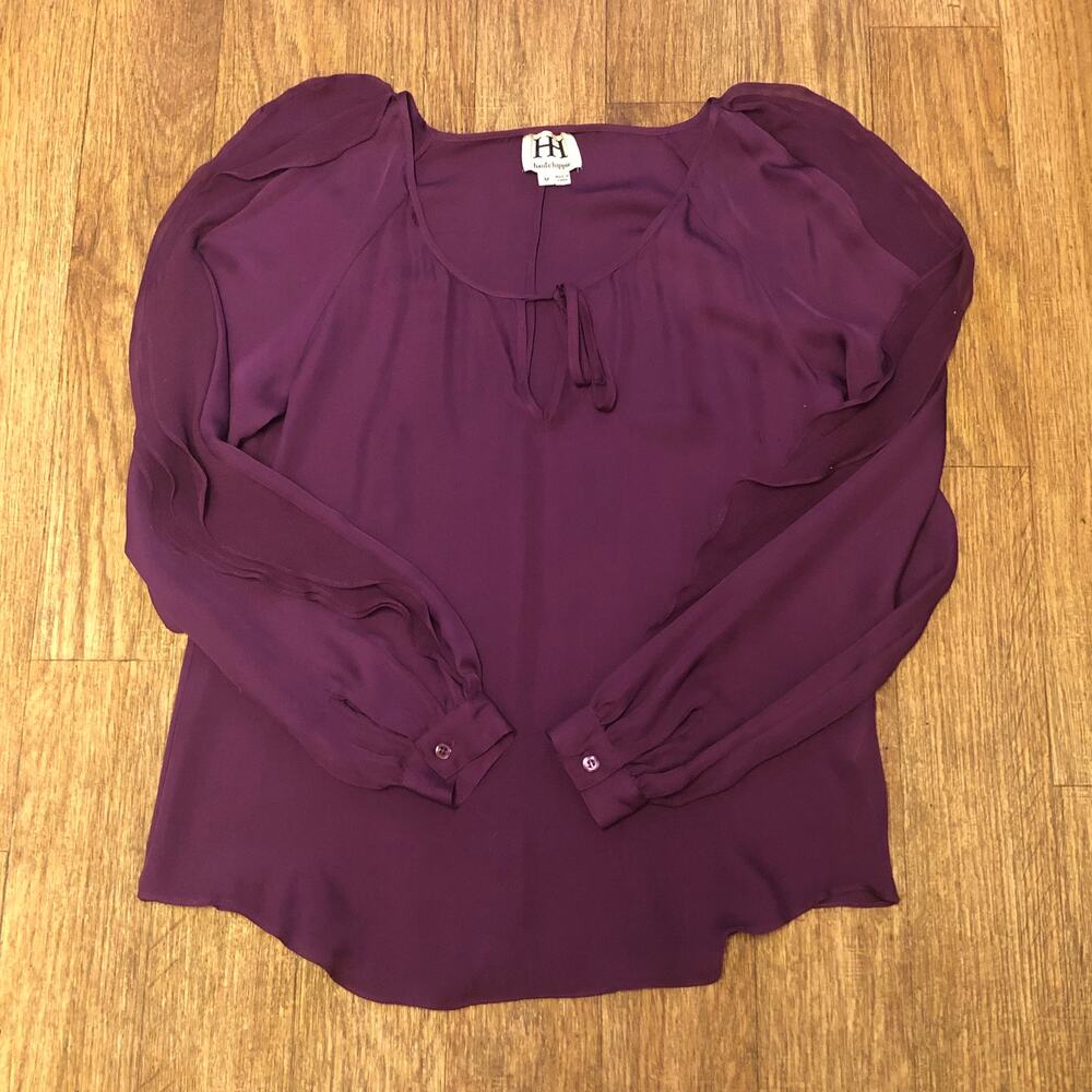 Haute Hippie Purple Ruffle Tie Front Long Sleeve Silk Blouse Size Medium